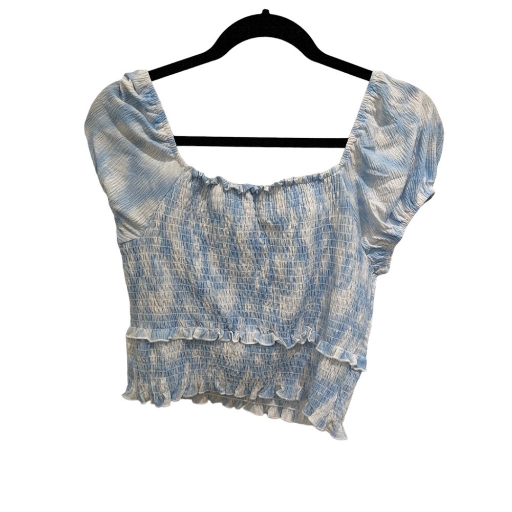 𝅺LUSH Blue Swirl Smocked Short Sleeve Square Neck Crop Top Size XL NWT
